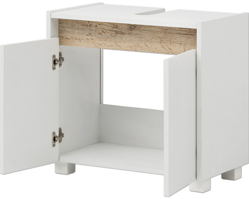 Skrinka pod umývadlo v bielej farbe s dvomi otvorenými dvierkami
