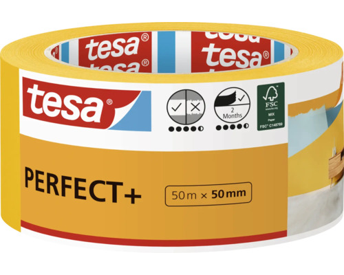 Maskovacia páska Tesa Masking tape Perfect+ žltá 50 m x 50 mm Maliarska krepová páska Tesa Perfect Plus 50 metrov krát 50 milimetrov