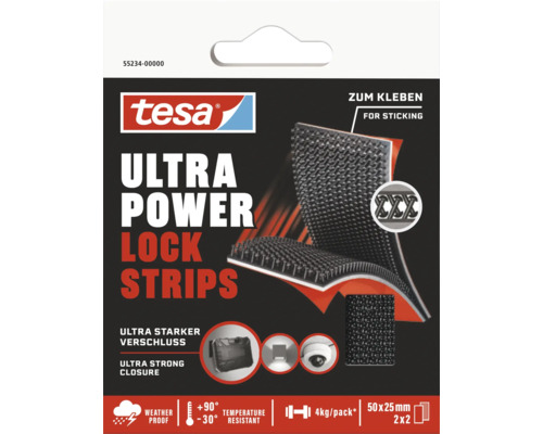 Suchý zips samolepiaci Tesa Ultra Power Lock Strips čierny 2 páry Tesa Ultra Power Lock Strips na lepenie, odolné voči poveternostným vplyvom a teplotám