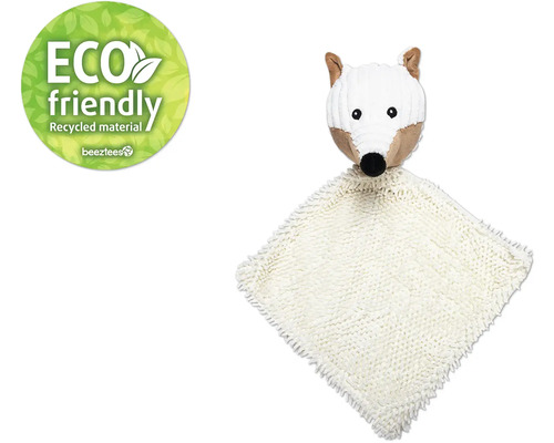 Béžová maznavá handrička s hlavou líšky a pečaťou Eco Friendly.