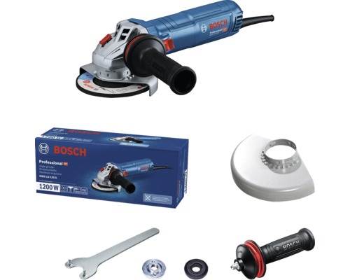 Uhlová brúska Bosch Professional GWS 12-125 S, 1200 W 125 mm s reguláciou otáčok 06013A6020 Uhlová brúska Bosch GWS 12-125 S v sade s príslušenstvom a obalom produktu