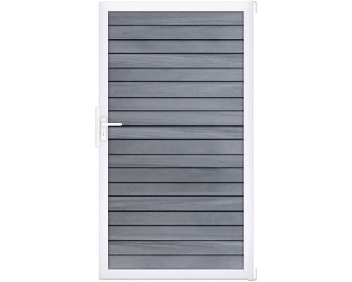 Sivé dvere s bielym rámom a vodorovnou štruktúrou dreva