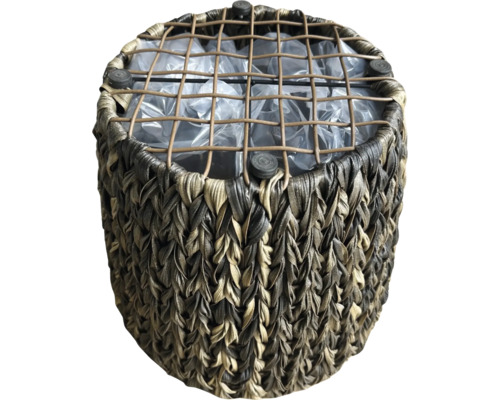 Okrúhly kvetináč z pleteného rastlinného materiálu s plastovou vložkou a mriežkou