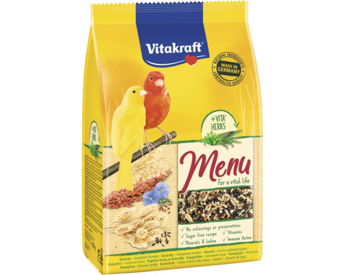Vitakraft Menu krmivo pre kanáriky v žltom vrecku s obrázkom kanárikov