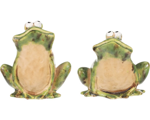 Dve zelené žabie figúrky ako záhradná dekorácia