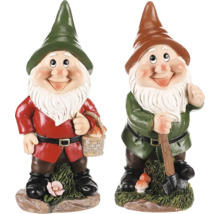 Dvaja záhradní trpaslíci s čiapkou, lopatou a košíkom