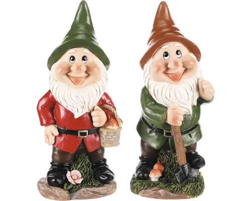 Dvaja záhradní trpaslíci s čiapkou, lopatou a košíkom