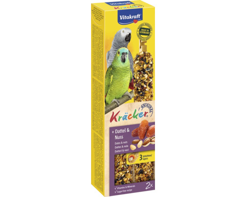 Maškrty pre papagáje Vitakraft Kräcker orechy a ovocie 2 ks 180 g Vitakraft Kräcker s datľami a orechmi pre papagáje, dve tyčinky