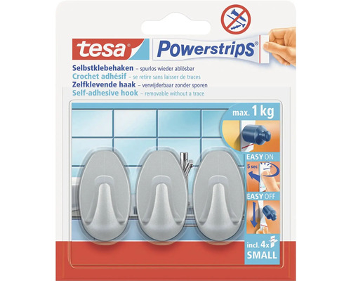 Samolepiace háčiky Tesa Powerstrips, odstrániteľné bez stopy, maximálna nosnosť jeden kilogram, vrátane štyroch lepiacich prúžkov