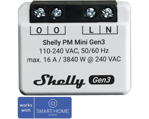 Spínací modul Shelly PM Mini Gen. 3 1 kanál - 240V/16A WiFi/Bluetooth merač spotreby energie - kompatibilný so SMART HOME by hornbach Merač výkonu Shelly PM Mini Gen3 pre systémy inteligentnej domácnosti