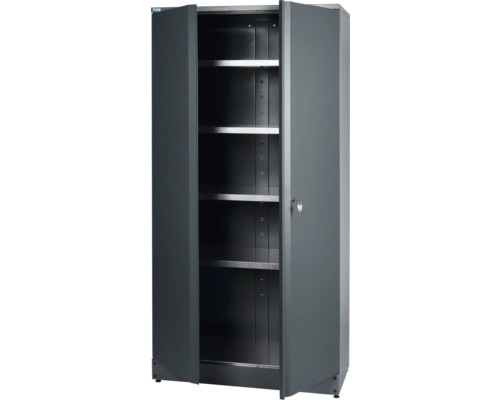 Vysoká skriňa Küpper 910 x 1800 x 450 mm 4 zasúvacie dná 2 dvierka antracit sivá Sivá oceľová skriňa s policami a otvorenými dverami