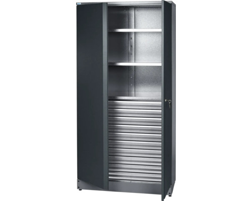 Skriňa na materiál Küpper 910 x 1800 x 450 mm 10 zásuviek 3 zasúvacie dná 2 dvierka antracit sivá Otvorená skriňa s krídlovými dverami, policami a roletou
