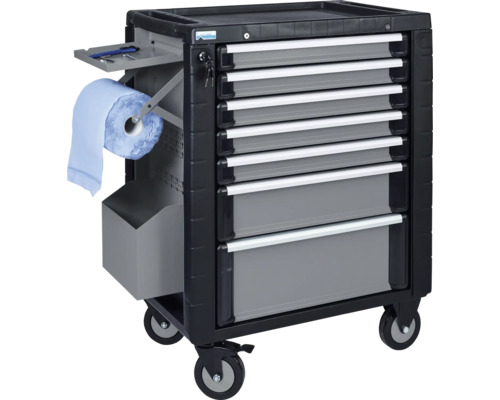 Dielenský vozík s niekoľkými zásuvkami a držiakom na papierové rolky