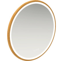 Oválne zrkadlo s dreveným rámom a osvetlením