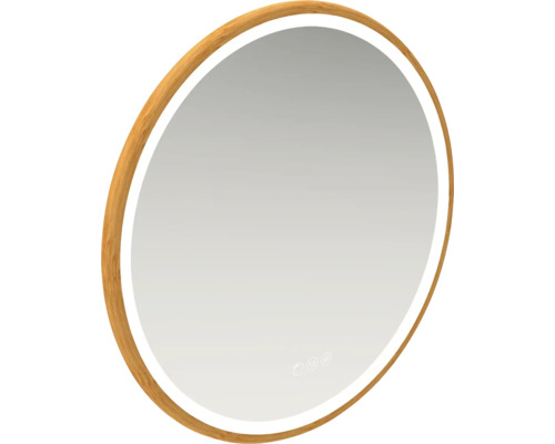 Oválne zrkadlo s dreveným rámom a osvetlením