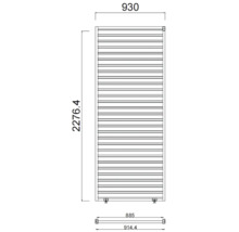 Technický výkres radiátora s rozmermi 930 mm šírky a 2276,4 mm výšky.