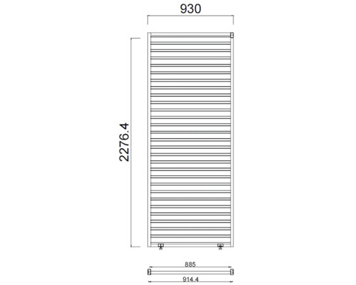 Technický výkres radiátora s rozmermi 930 mm šírky a 2276,4 mm výšky.