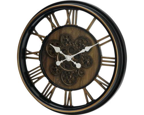 Dekoratívne nástenné hodiny s rímskymi číslicami a motívom ozubeného kolesa