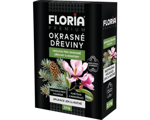 Hnojivo pre okrasné dreviny a konifery FLORIA Premium 2,5 kg Floria Premium hnojivo pre okrasné dreviny a ihličnany, 2,5 kilogramové balenie
