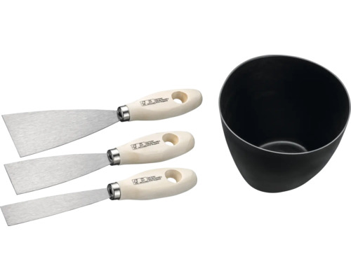 Sadrovacia sada 4 kusy Tri špachtle a miešací vedro pre stavebné práce.