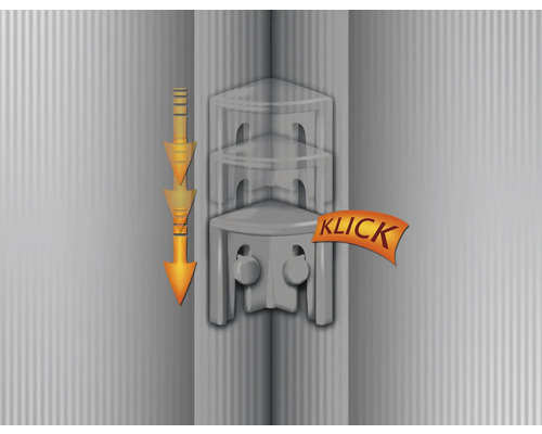 Upevnenie rohovej police so šípkou a upozornením na zacvaknutie