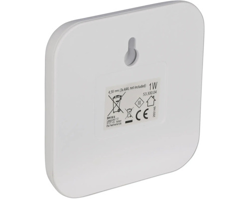 Zadná strana bieleho senzora so závesným zariadením a technickými informáciami