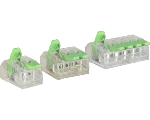 Tri priehľadné káblové konektory s pákovou svorkou