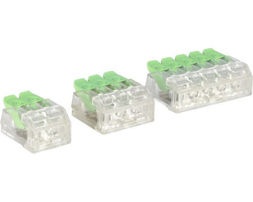 Tri priehľadné káblové spojky s pákovými svorkami na elektrické pripojenie