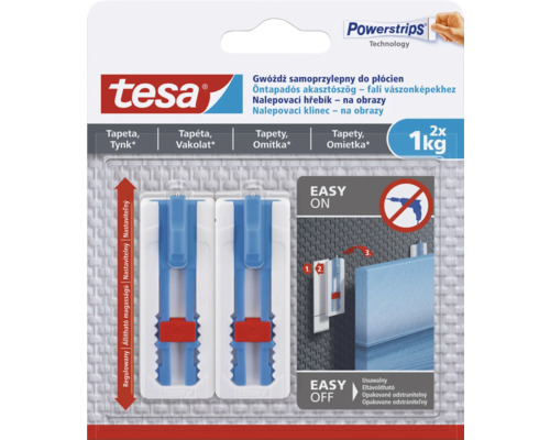 Nalepovací klinec tesa nosnosť 1 kg balenie 2 ks Tesa Powerstrips Technology samolepiace klince na tapety a omietku, nosnosť do 1 kilogramu, 2 kusy