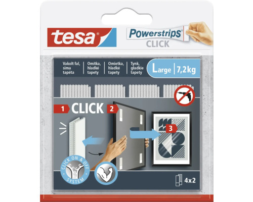 Lepiace prúžky Powerstrips tesa CLICK 4x2 Veľkosť L nosnosť 7,2 kg Tesa Powerstrips Click veľké lepiace prúžky na zavesenie obrazov bez vŕtania do 7,2 kilogramov