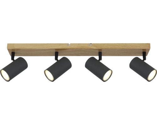 Stropné svietidlo farby dreva so štyrmi čiernymi reflektormi