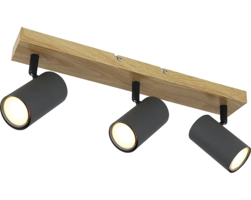Stropné svietidlo s tromi bodovými svetlami a dreveným nosníkom