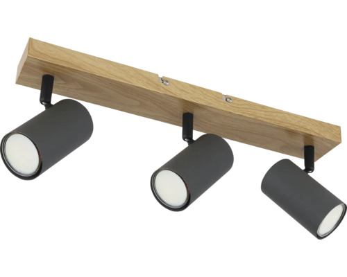 Stropné svietidlo s tromi bodovými svetlami, drevo a kov