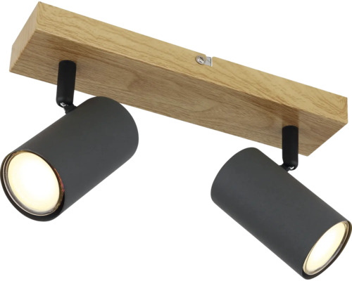 Stropné svietidlo s dvoma reflektormi a drevenou základňou