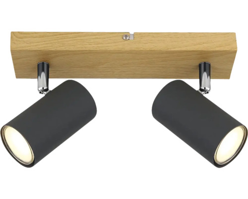 Stropné svietidlo s dvoma bodovými svetlami z dreva a kovu