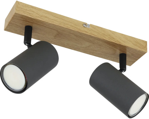 Stropné svietidlo s dvoma reflektormi a vzhľadom dreva