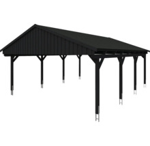 Čierny carport so strechou a drevenou konštrukciou