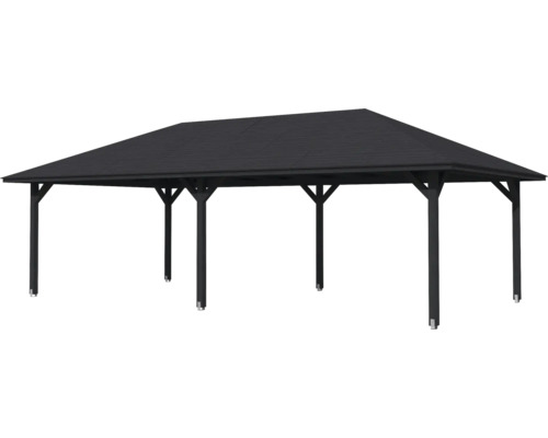 Pavilón s tmavou strechou a drevenými stĺpikmi