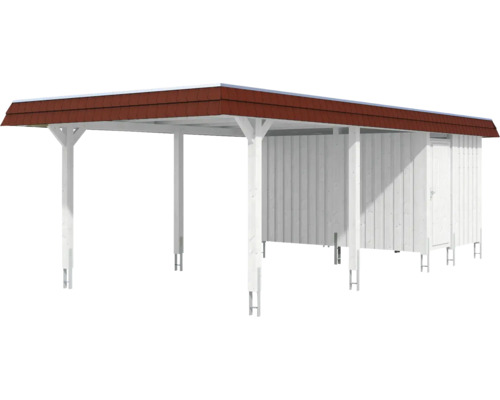 Prístrešok pre auto s drevenou kôlňou a škridlovou strechou