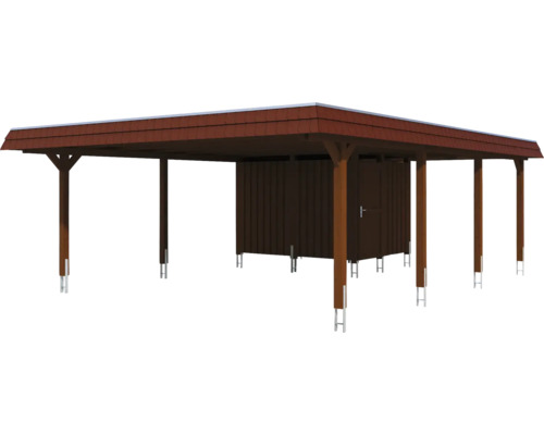 Drevený prístrešok pre auto s kôlňou na náradie