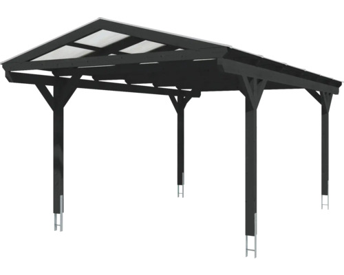 Drevený prístrešok pre auto so šiestimi stĺpikmi a priehľadnou strechou