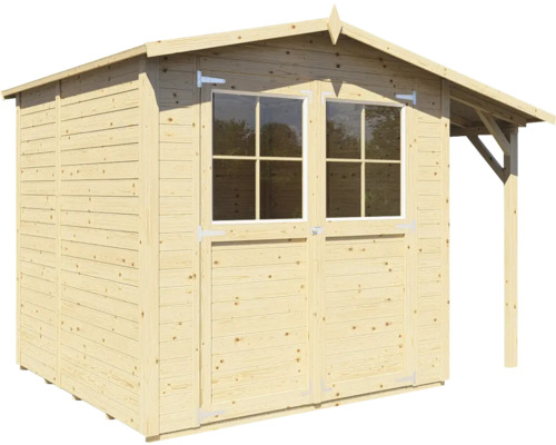 Drevený záhradný domček s oknami a prístreškom.