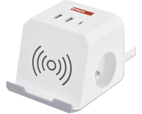 Predlžovací kábel Emos s 2 zásuvkami, 2×USB-A, 1×USB-C, bezdrôtové nabíjanie 10 W, 2 m, biely