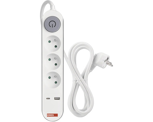 Predlžovací kábel Emos s 3 zásuvkami, 1 x USB-A, 1x USB-C a vypínačom, 2 m, biely