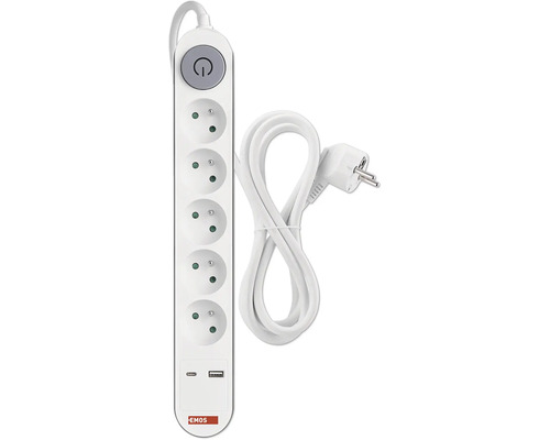 Predlžovací kábel Emos s 5 zásuvkami, 1x USB-A, 1x USB-C, vypínačom, 3 m, biely