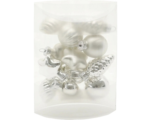 Vianočné ozdoby sklenené 2,5 cm strieborné Sada vianočných ozdôb, rôzne tvary