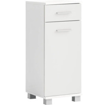 Biela skrinka pod umývadlo s dvomi zásuvkami a striebornými úchytkami