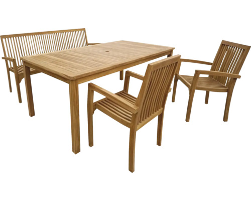 Záhradný nábytok z dreva so stolom, lavicou a dvoma stoličkami