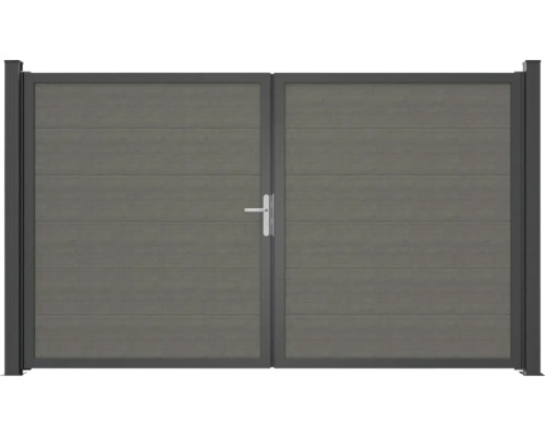 Dvojitá hliníková brána s vodorovnými panelmi a rukoväťou