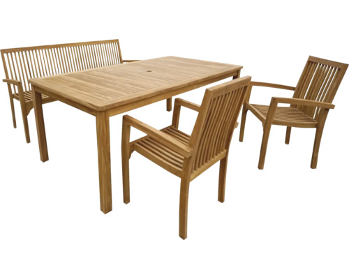 Súprava záhradného nábytku s dreveným stolom, lavicou a stoličkami